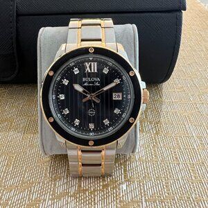 Bulova Marine Star Black & Rose Gold Watch | Cubic Zirconia Bezel | New Battery